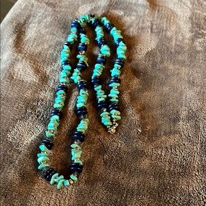 Blue and Black Beaded Necklace with Natural Turquoise